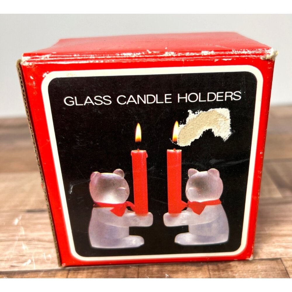 Frosted Glass Bear Candle Holders With Red Ribbon